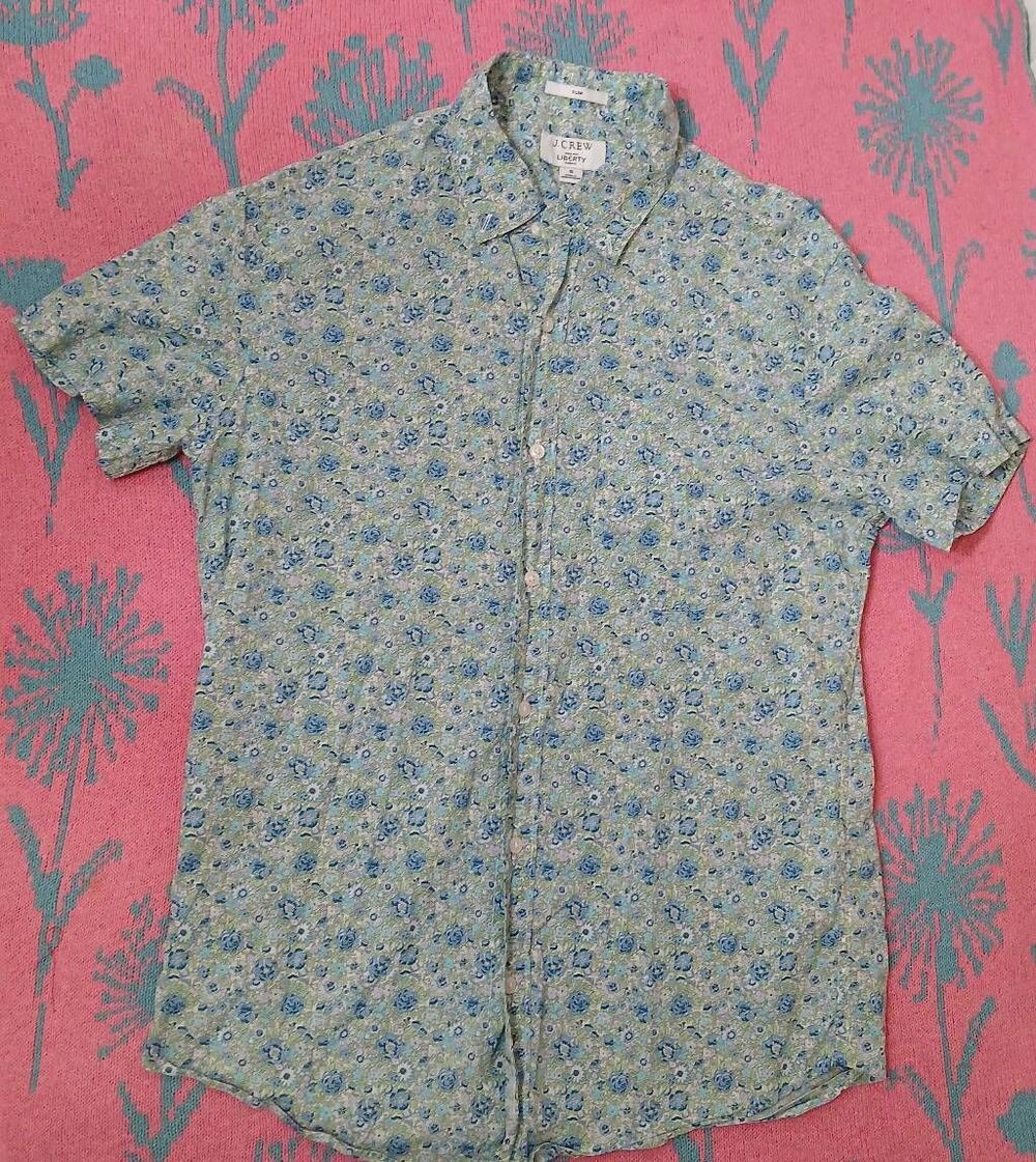 J.crew mens small liberty fabric green blue shirt shortsleeve cotton